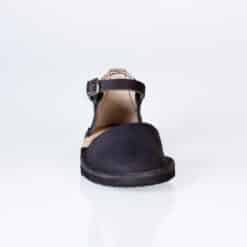 Black leather Mary Jane sandal front view with closed toe and ankle strap