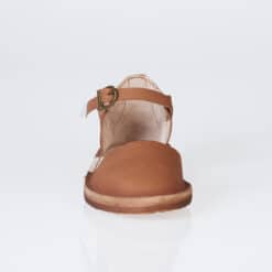 Tan leather Mary Jane sandal front view with closed toe and ankle strap