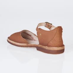 Tan leather Mary Jane sandal back angle showing heel cap and strap