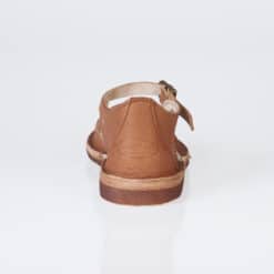 Tan leather Mary Jane sandal rear view – In Step logo heel detail