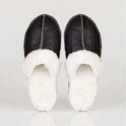 In-Step Black Sheepskin Slippers, handcrafted with sheepskin lining and leather for cosy, unisex indoor warmth.