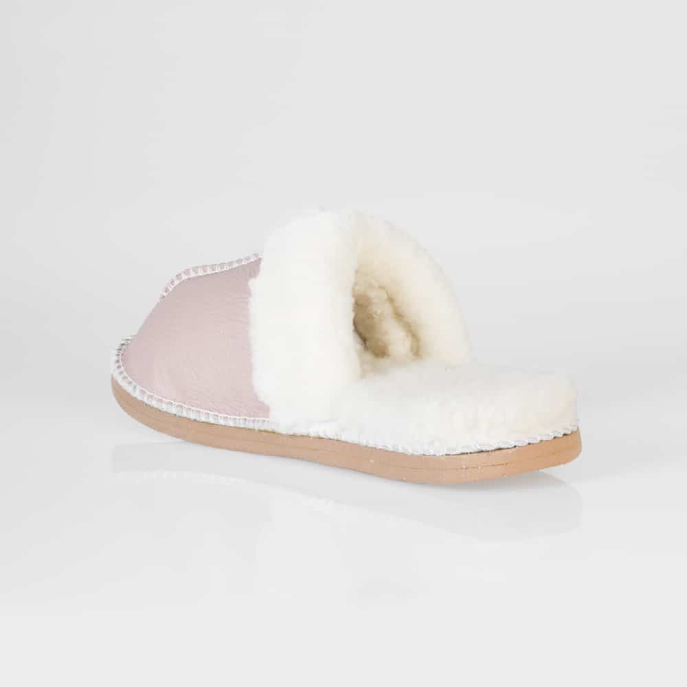 In-Step Mink Pink Sheepskin Slippers, handcrafted with sheepskin lining and leather for cosy, unisex indoor warmth.