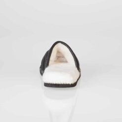 In-Step Black Men’s Sheepskin Slippers, handcrafted with sheepskin lining and leather for cosy, fluff-free indoor warmth.