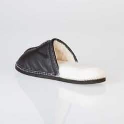 In-Step Black Men’s Sheepskin Slippers, handcrafted with sheepskin lining and leather for cosy, fluff-free indoor warmth.