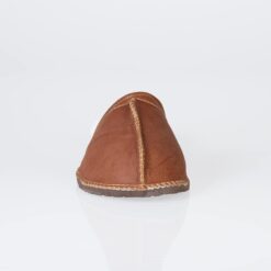 In-Step Tan Men’s Sheepskin Slippers, handcrafted with sheepskin lining and leather for cosy, fluff-free indoor warmth.