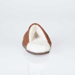 In-Step Tan Men’s Sheepskin Slippers, handcrafted with sheepskin lining and leather for cosy, fluff-free indoor warmth.