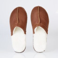 In-Step Tan Men’s Sheepskin Slippers, handcrafted with sheepskin lining and leather for cosy, fluff-free indoor warmth.