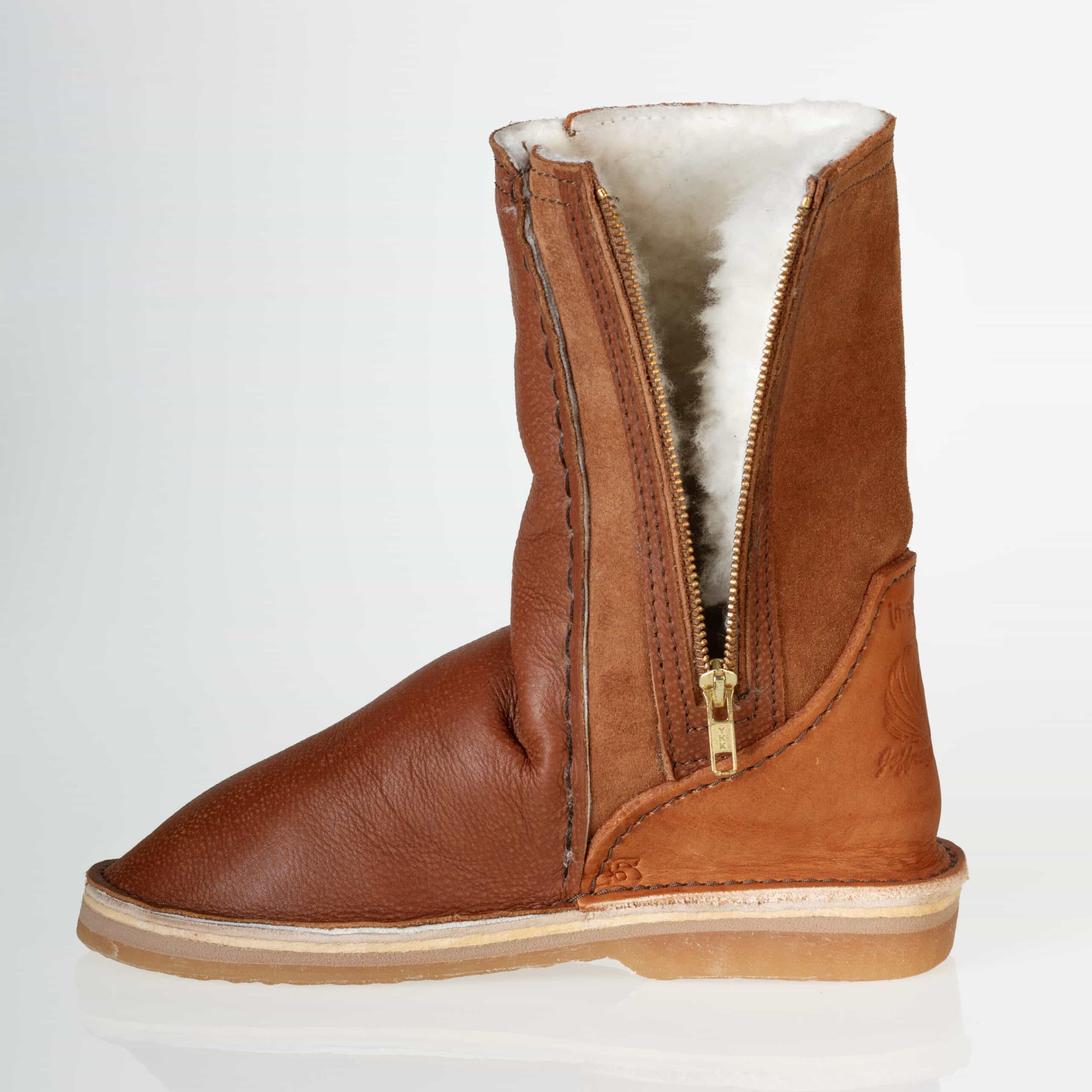 In-Step - Leather Front Zip-Up Sheepskin Boots – Tan