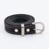 Ladies black leather belt rolled up with contrast stitching and silver buckle – In Step logo keeper